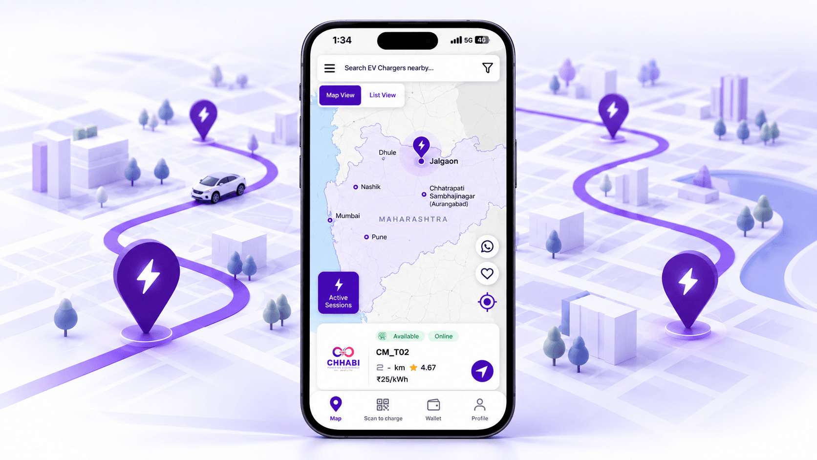 Chhabi EV charging app showing nearby chargers on a map